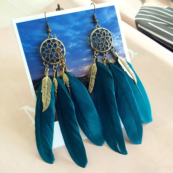 Boho/Ethnic Dreamcatcher Feather Drop Earrings - Picture 4 of 4